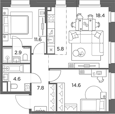 3-комн., 65.7 м², 2/6 этаж, ЖК «Станиславский»
