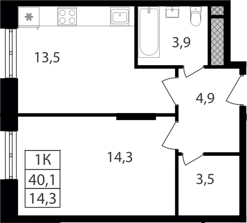 1-комн., 40.1 м², 6/8 этаж, ЖК «Варшавские ворота»