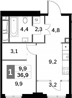 1-комн., 33.7 м², 36/42 этаж, ЖК «Сидней Сити»