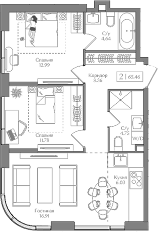 3-комн., 65.46 м², 12/16 этаж, ЖК «Преображенская площадь»
