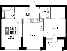 2-комн., 51.6 м², 19/27 этаж, ЖК «Скай Гарден»
