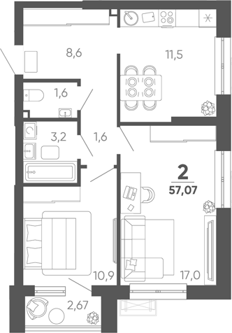 2-комн. квартира, 54.4 м² в ЖК Барса — фото 2