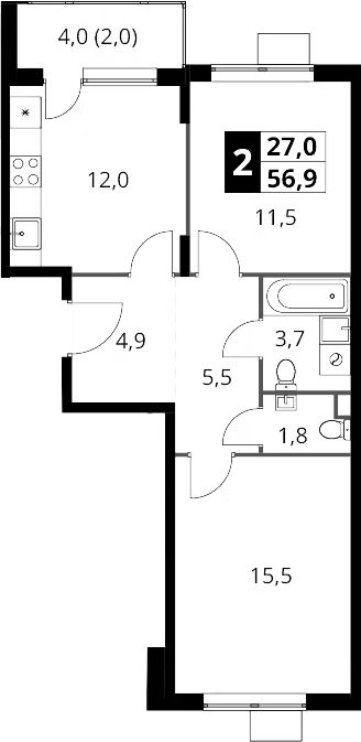 2-комн., 54.9 м², 17/17 этаж, ЖК «1-й Шереметьевский»