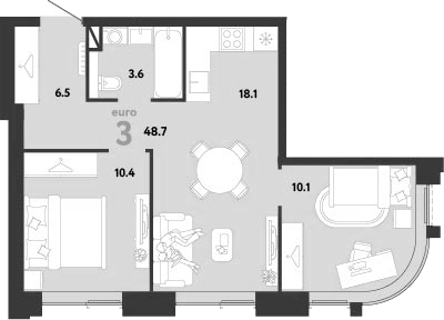 3-комн., 48.7 м², 23/33 этаж, ЖК «Страна.Заречная»