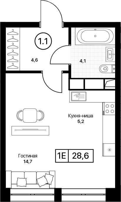 Студия, 28.6 м², 13/17 этаж, ЖК «Пушкино Град»