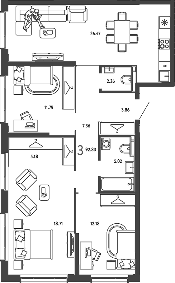 3-комн., 92.83 м², 9/25 этаж, ЖК «Страна.Парковая»