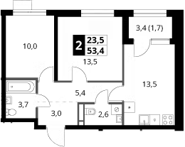2-комн., 51.7 м², 8/16 этаж, ЖК «1-й Ясеневский»