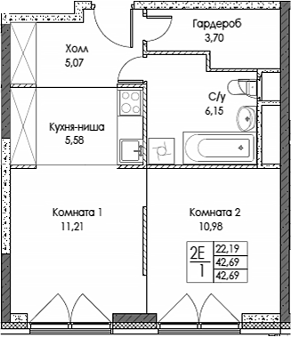 2-комн., 42.69 м², 15/20 этаж, ЖК «ЭВОПАРК Сокольники»