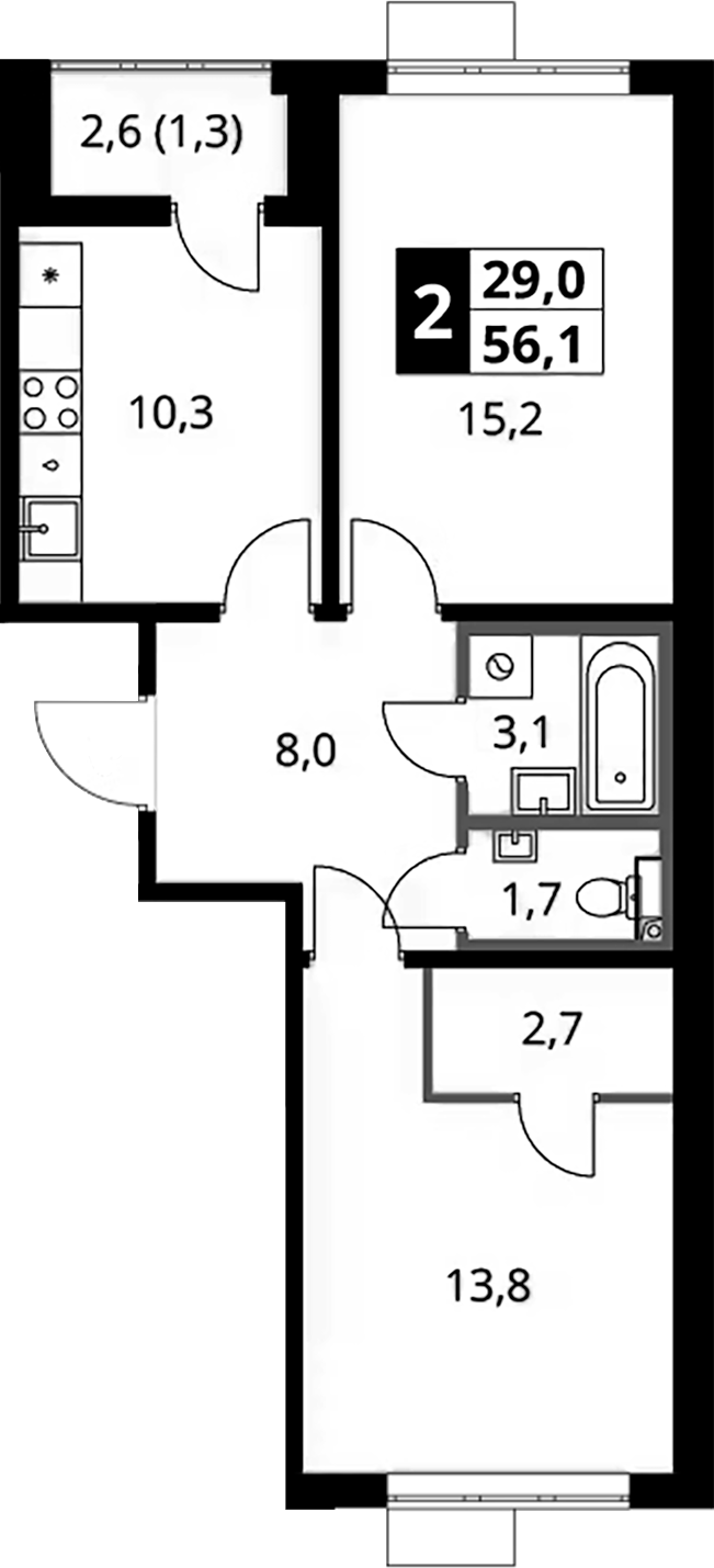 2-комн., 54.8 м², 22/24 этаж, ЖК «1-й Южный»