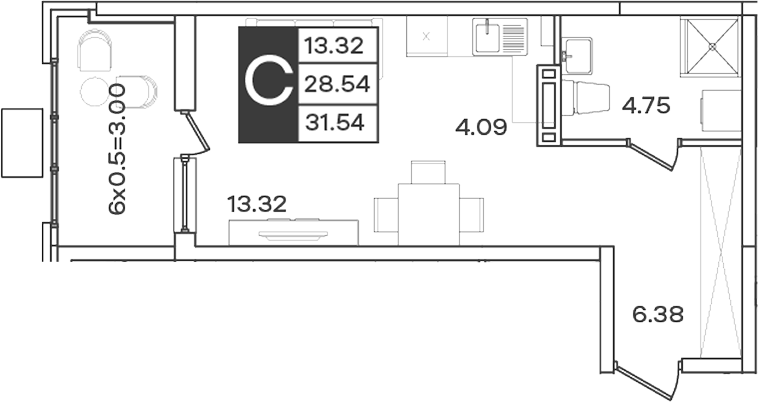 Студия, 28.54 м², 9/9 этаж, ЖК «Сюжеты»