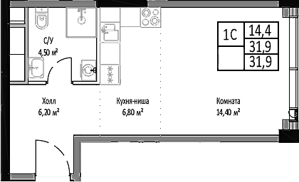 Студия, 31.9 м², 19/35 этаж, ЖК «Мираполис»