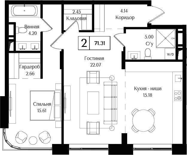 2-комн., 71.31 м², 16/17 этаж, ЖК «Преображенская площадь»