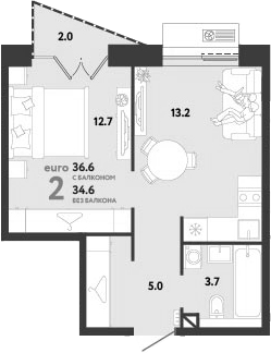 2-комн., 34.6 м², 6/12 этаж, ЖК «Страна.Заречная»