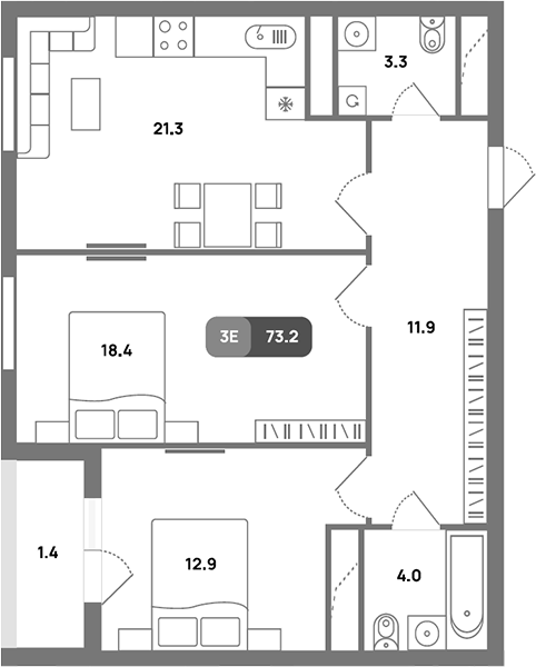 3-комн., 71.8 м², 29/32 этаж, ЖК «Проспект 39»