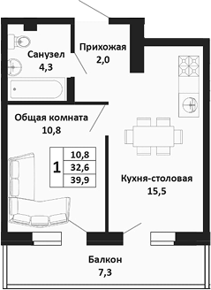 2-комн. квартира, 32.6 м² в ЖК Южные Соседи — фото 2