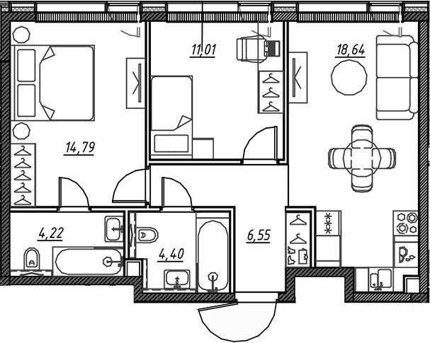 3-комн., 59.6 м², 20/22 этаж, ЖК «Веер»