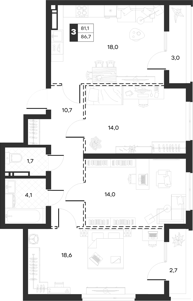 3-комн., 80.98 м², 12/20 этаж, ЖК «Луиджи»