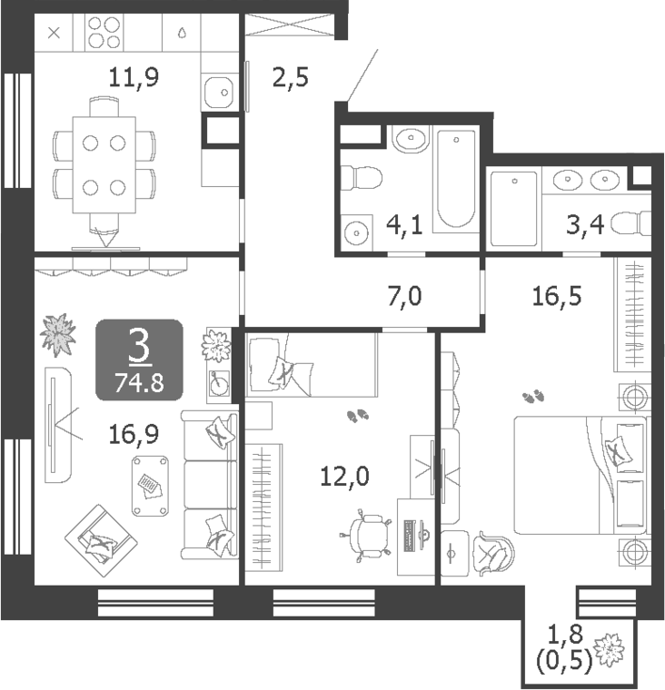 3-комн., 74.3 м², 19/19 этаж, ЖК «Шагал»