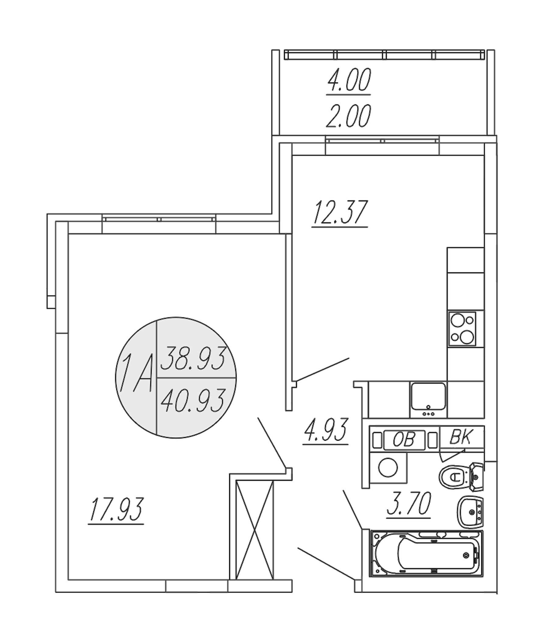 1-комн., 38.93 м², 2/4 этаж, ЖК «Шолохово»