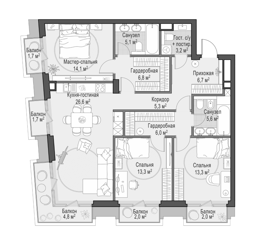 4+ комнаты, 108.24 м², 4/6 этаж, ЖК «Квартал Тишинский бульвар»