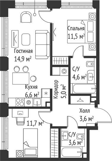 3-комн., 61.4 м², 43/59 этаж, ЖК «СЕТ»