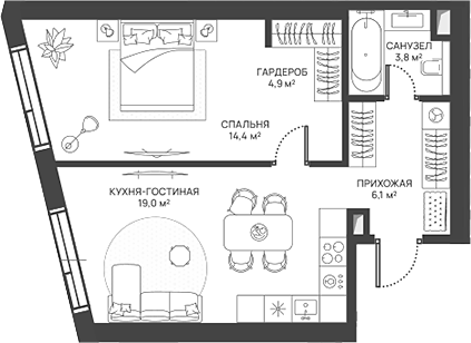 2-комн., 48.2 м², 10/52 этаж, ЖК «СВЕТ»
