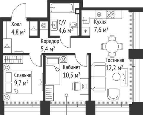 3-комн., 54.8 м², 57/59 этаж, ЖК «СЕТ»