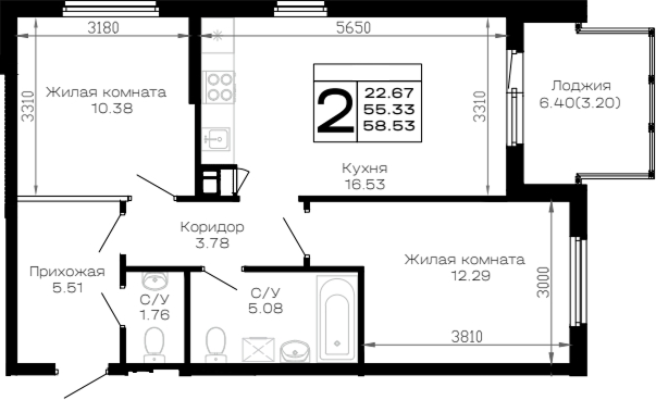 2-комн. квартира, 55.33 м² в ЖК Усадьба Гостагаевская — фото 2