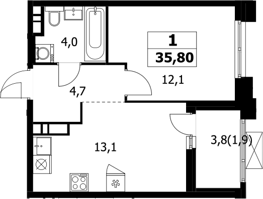 1-комн., 33.9 м², 12/17 этаж, ЖК «Прокшино»