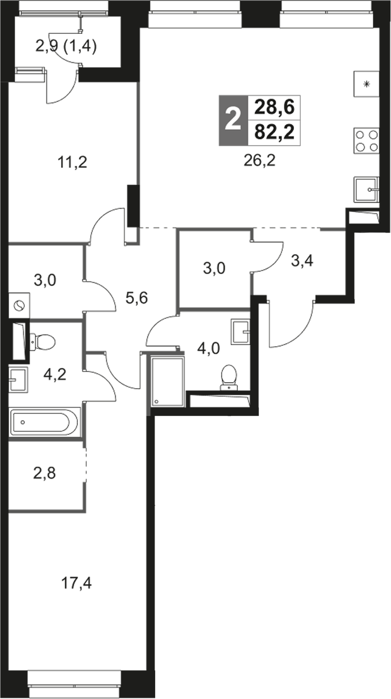 3-комн., 80.8 м², 2/31 этаж, ЖК «Скай Гарден»