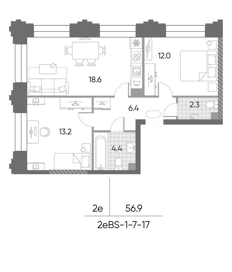 3-комн., 56.8 м², 7/43 этаж, ЖК «ЗилАрт»