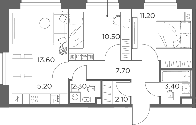 3-комн., 56 м², 8/23 этаж, ЖК «Белый Град»