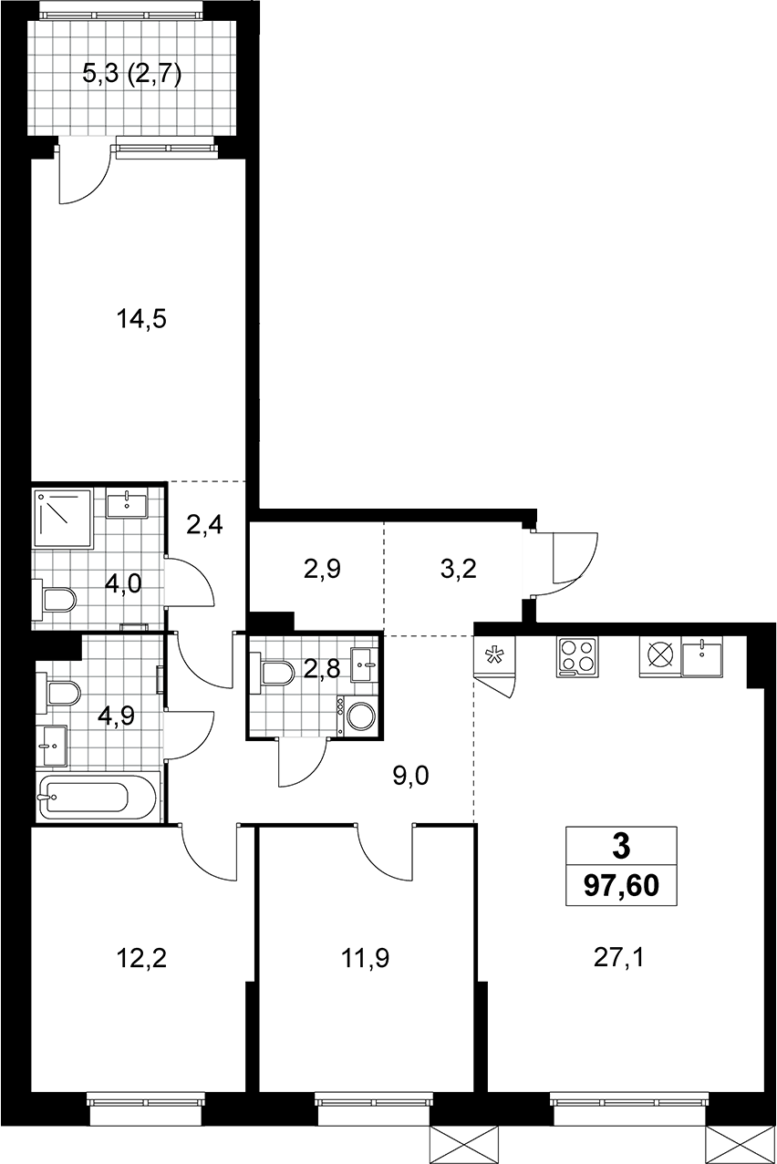 3-комн., 94.9 м², 9/12 этаж, ЖК «Дзен-кварталы»