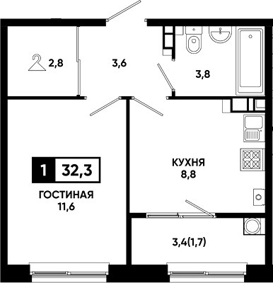 1-комн., 30.6 м², 7/13 этаж, ЖК «Резиденция Софи»