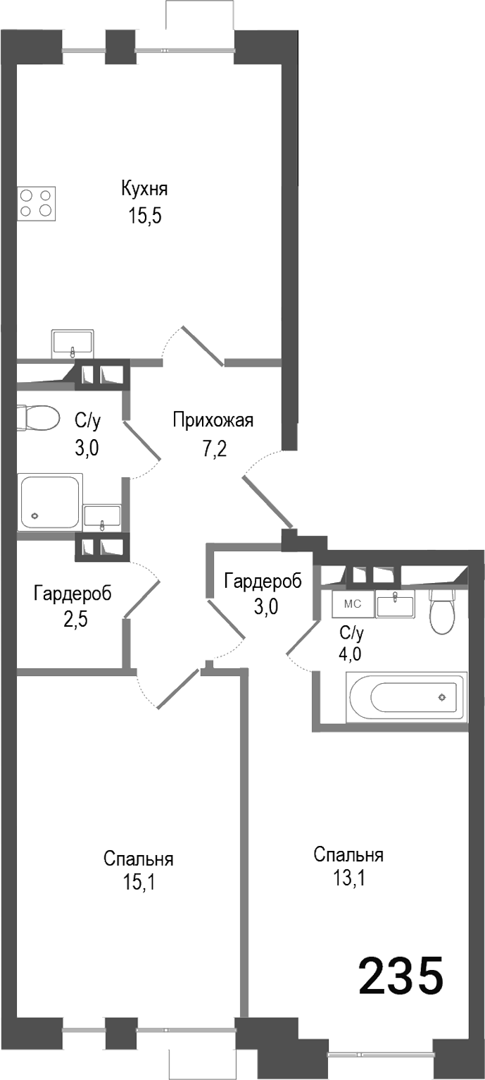 3-комн., 63.4 м², 2/6 этаж, ЖК «Киноквартал»