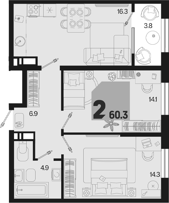 3-комн. квартира, 56.5 м² в ЖК Первое место — фото 2