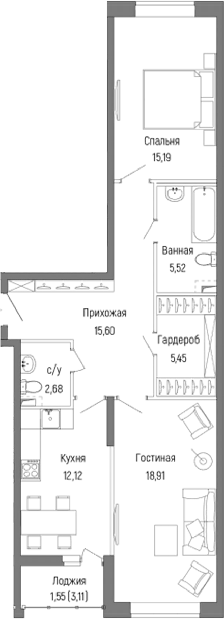 2-комн., 75.47 м², 1/9 этаж, ЖК «Рига Хиллс»