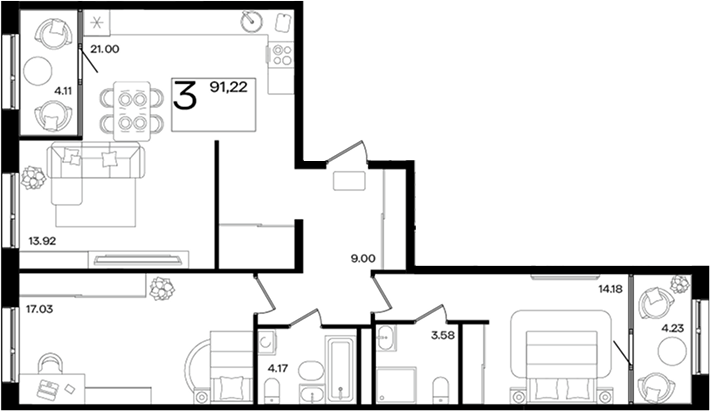 3-комн. квартира, 82.79 м² в ЖК Патрики — фото 2