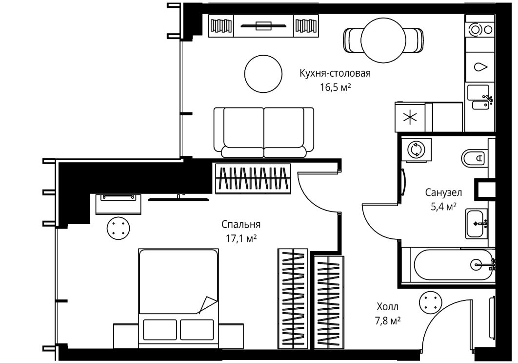 1-комн., 46.8 м², 24/59 этаж, ЖК «Веер»