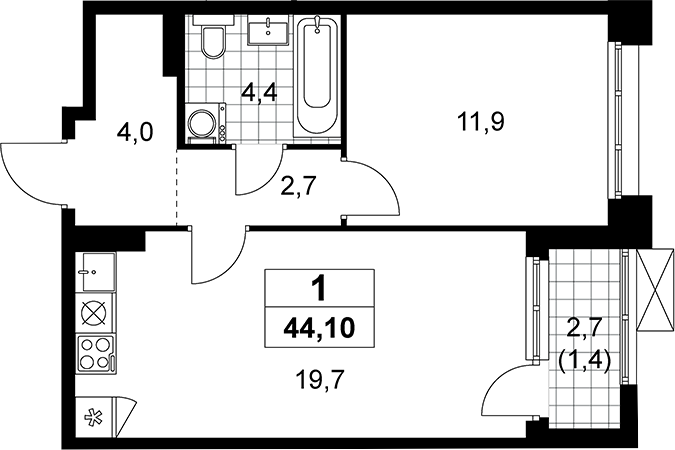 2-комн., 42.7 м², 16/19 этаж, ЖК «Прокшино»