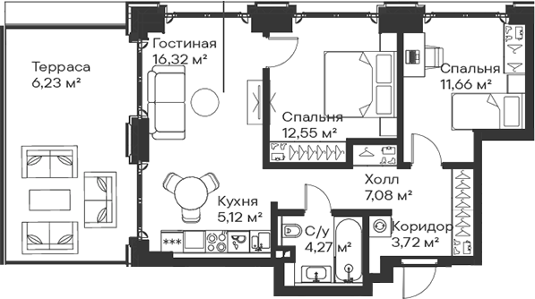 3-комн., 60.72 м², 2/15 этаж, ЖК «Сити Бэй»