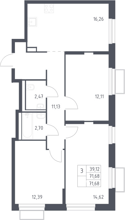 3-комн., 71.68 м², 11/24 этаж, ЖК «Квартал Строгино»