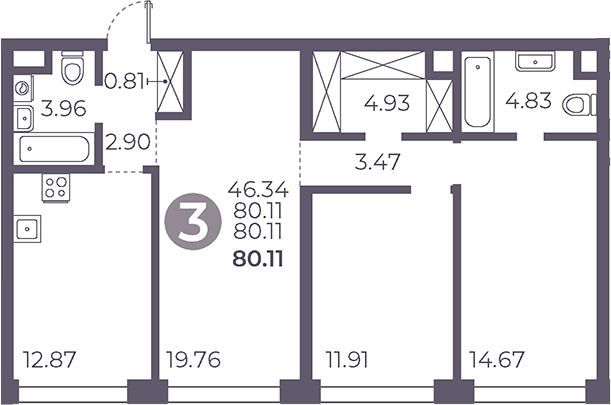 3-комн., 80.11 м², 2/39 этаж, ЖК «Мневники от Гранель»