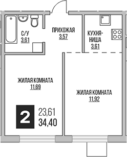 2-комн., 34.4 м², 14/14 этаж, ЖК «Гранель Аникеевский»
