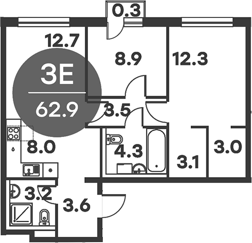 3-комн., 62.6 м², 3/6 этаж, ЖК «Равновесие»