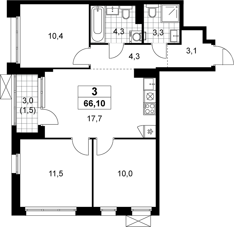 4+ комнаты, 64.8 м², 15/19 этаж, ЖК «Прокшино»