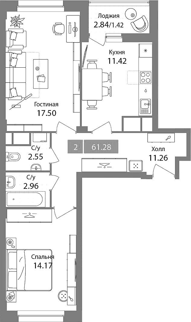 2-комн., 59.86 м², 13/17 этаж, ЖК «Планерный квартал»