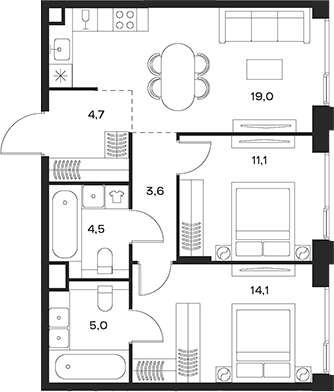 3-комн., 62 м², 23/24 этаж, ЖК «СОУЛ»
