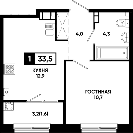 1-комн., 31.9 м², 7/8 этаж, ЖК «Резиденция Софи»