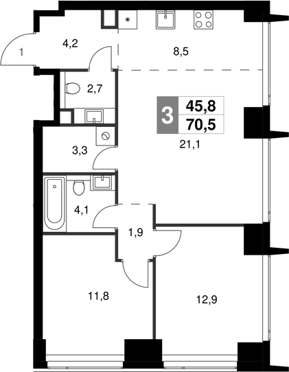 3-комн., 70.5 м², 3/58 этаж, ЖК «Амбер Сити»